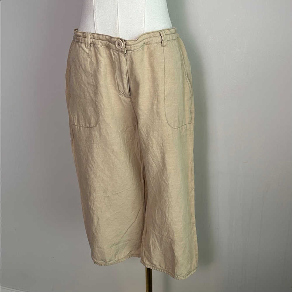Womens L Neutral Beige Silk Linen‎ Blend Lightweight Capri Pants Safari Chic